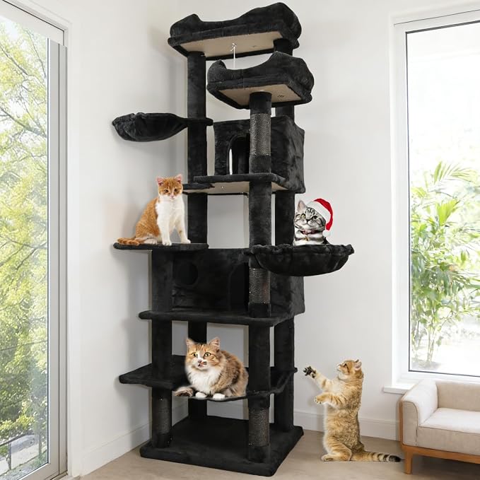 68 Inches Multi-Level Large and Tall Cat Tree Tower for Indoor Cats/Removable Pad/Cat Condo/Sisal Scratching Posts/Hammock/Cat Activity Center/Wide Base Black