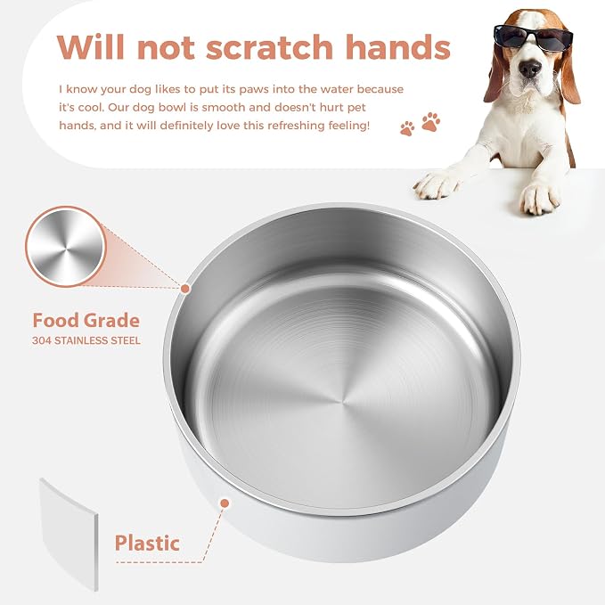 WENBOKMIN Dog Bowl, Stainless Steel Dog Food and Water Bowl with Non Slip Quiet Bottom, Easy to Clean, Dishwasher Safe, 64oz, White