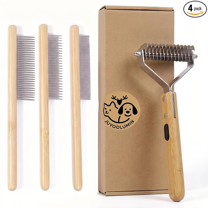 Cat Undercoat Rake and Dematting Comb, 4-in-1 Bamboo Grooming Kit for Long Haired Indoor Cats, Detangling Deshedding Brush for Matted Fur, Shedding Tool for Dogs