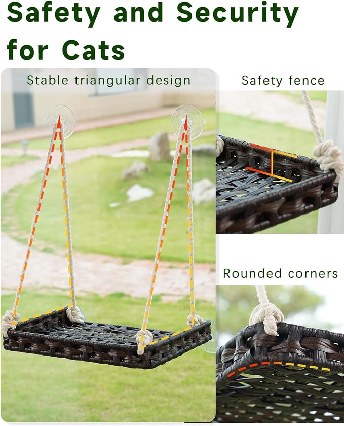 SETVSON Cat Window Perch, Cat Window Hammock Bed for Indoor Cats, Brown | Handwoven PE Rattan Window Seat, 4 Strong 3.2-In Suction Cups, Double Sided Washable Cushion Bed, 2.3 Inch Fence, Easy Care