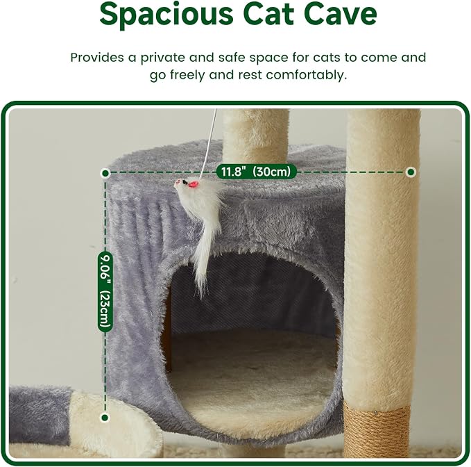 Cat Tree with Condo, Perch, and Scratching Posts, Gray and Beige, Multi-Level Tower with Hanging Toy
