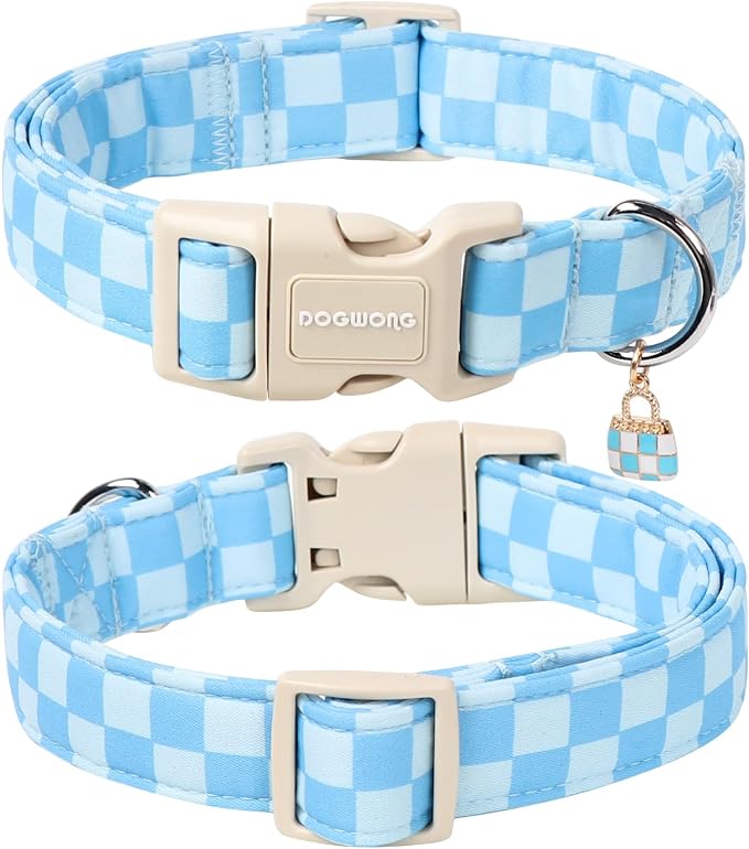 DOGWONG Blue Checkered Dog Collar, Blue Plaid Dog Collars, Adjustable Cute Boy Pet Collars Girl Design Dog Collar for Small Medium Large Dogs,XL