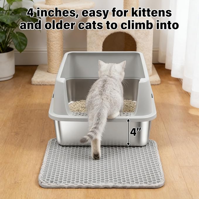 Stainless Steel Litter Box with Lid,Low Entry Cat Litter Box | Metal Kitty Litter Box for Small to Medium Cats,Non-Stick,Anti-Leakage,Easy to Clean,Include Scoop and Mat