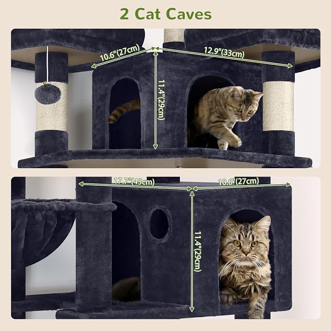 Globlazer Cat Tree Tower for Multiple Adult Cats, 82in, F82, Dark Grey | XXL Tall Cat Tree Tower for Indoor Cats with Scratching Post, 3 Perches, 2 Condos, 2 Hanging Baskets