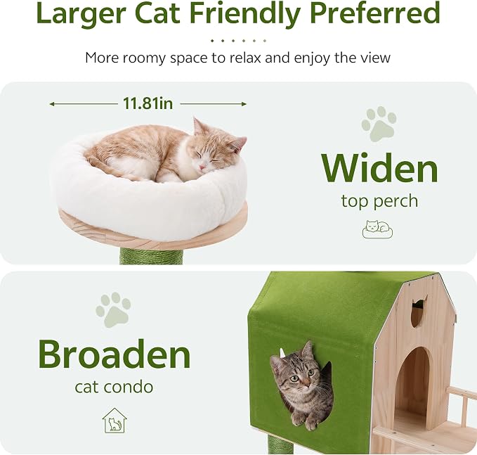 Wood Cat Tower for Self-Cleaning Litter Box, with Faux Plant, 58In | Multi-Level Cat Tree for Adult Large Cats, with Cozy Plush Bed, House, Scratching Posts, Cat Furniture for Indoor Cats, Green