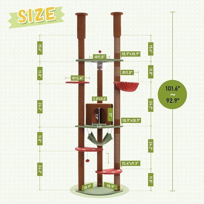 PEQULTI Floor to Ceiling Cat Tree, 92.9-101.6in Adjustable Cat Tower, Brown | Adjustable tower braces floor to ceiling; cozy condo, large hammock, perches & 9 sisal posts on fan base with anti-tip strap