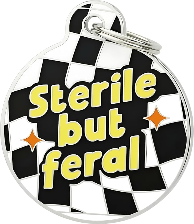 Bad Tags Personalized Dog and Cat ID Tags in 25+ Designs and 2 Sizes - 5 Lines of Custom Engraved Text - Funny Cute Personalized Pet Tags (Sterile But Feral, Small (1 inch))
