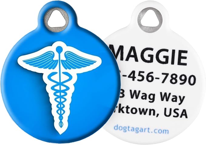 Blue Caduceus Medical Alert Pet ID Tag for Dogs and Cats, Silent Polymer Coated Stainless Steel Nametag with Customized Identification Information - Small .875" Diameter
