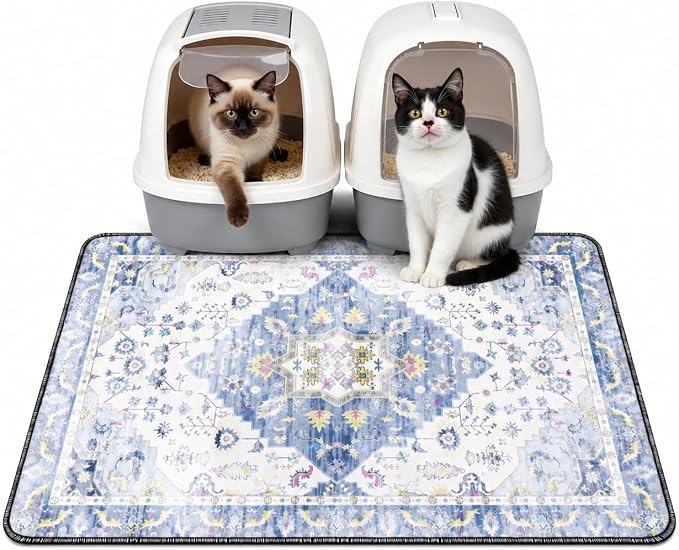 Cat Litter Mat Litter Trapping Mat, 35"x23" Waterproof Urine Proof Litter Box Mat Catcher Mat Non-Slip Washable for Kitty Kitten, Blue