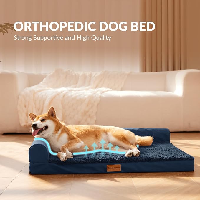 Patas Lague Orthopedic Medium Dog Bed Washable Pet Sofa Bed 30X20 Navy Blue | 2-Sided Bolster Egg-Crate Foam Dog Couch Medium Size Dogs, Waterproof Removable Washable Cover, Nonskid Bottom Pet Crate Mat
