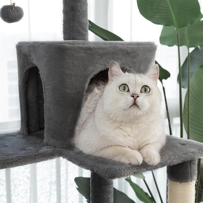 Multi-Level Cat Tree,69 Inches Tall Cat Tower with 2 Plush Condos,Hammock and Plush Perch, Scratching Posts and Pompoms,Gray Cat House for Indoor Cats