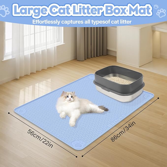 Silicone Cat Litter Mat for Litter Box 34”x22” Large Cat Mat, Blue | Waterproof, Non-Slip, Leak-Proof Rug Mat with Lip, Easy to Clean, Extra Large Litter Catcher Mat for Floor