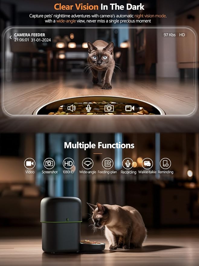 Automatic Cat Feeder with Camera - 5G WiFi Auto Cat Food Dispenser, 1080P HD Video with Night Vision, 1-15 Meals, 1-99 Portions, 2-Way Audio, Keeps Food Fresh, Timed Pet Feeder Also for Dogs