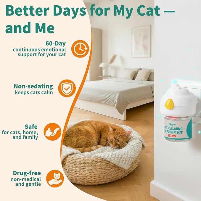 60-Day Cat Calming Diffuser with Pheromones – Cat Pheromone Diffuser for Cats, Helps Reduce Stress, Anxiety, Scratching & Urine Marking – 3-in-1 Calming Diffuser Set with 2 Refills