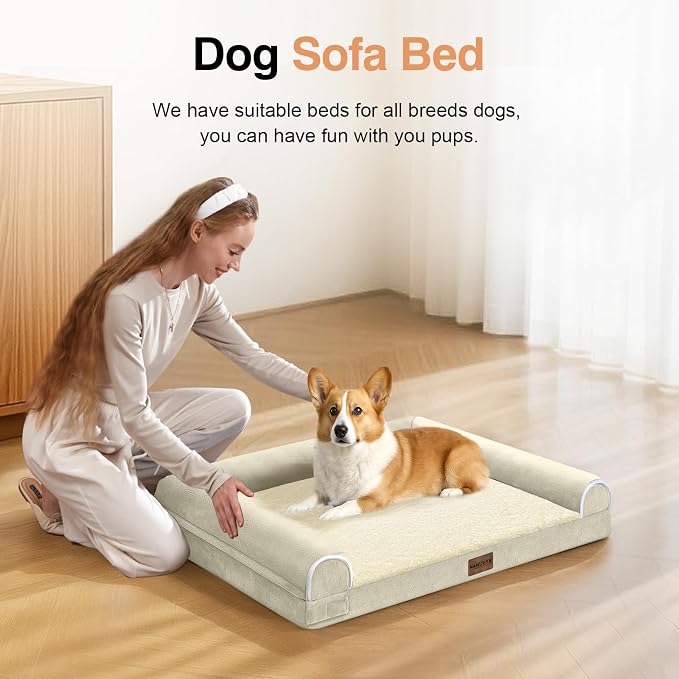 NANUYA Orthopedic Dog Bed for Medium Dogs, 28 x 19 Inch, Beige | Egg crate foam for joint support, 3-sided bolster pet sofa, waterproof lining, washable cover, and non-skid base