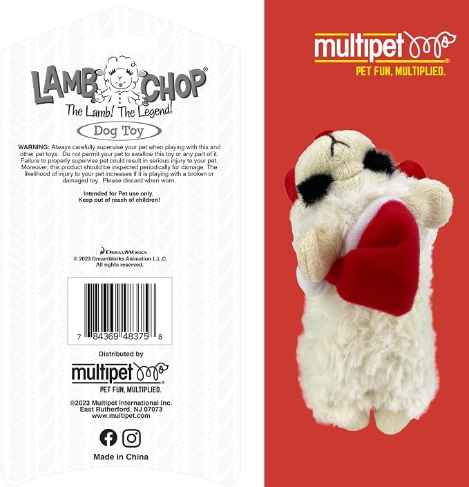 Multipet Lamb Chop Dog Plush Toy w/ Santa Hat - Squeaky Toy for All Dogs - Extra Soft Plush - Stuffed Animal for Cuddling & Playing (6”, Cream)