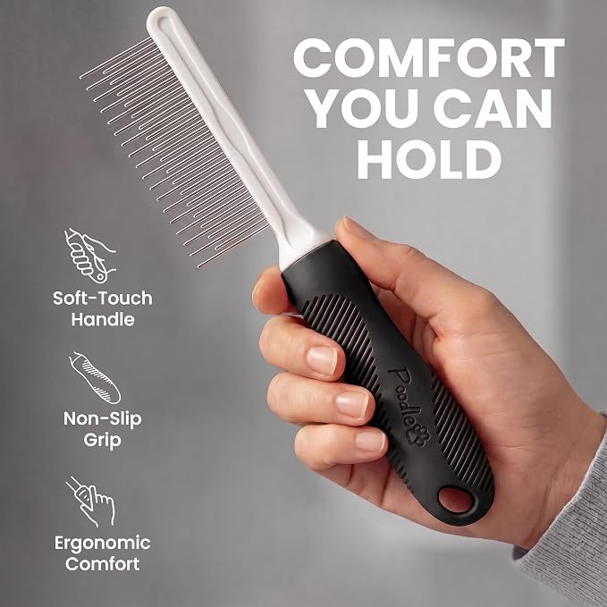 Poodle Pet Dog Combs for Grooming Matting - Metal Comb for Dogs with Long & Short Stainless Steel Teeth - Dematting Comb for Cats to Remove Matted Hair & Knots, Black