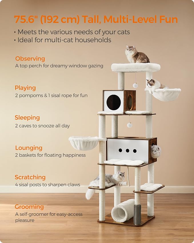 Feandrea Cat Tree, 75.6-Inch Modern Cat Tower, Tall Multi-Level Condo with 2 Caves, 2 Hammocks, 4 Scratching Posts, Self-Groomer, Tunnel, Perch, Rustic Brown UPCT193X01 | Tall Cat Tower, 4 Scratching Posts, Self-Groomer, Tunnel, Perch, Rustic Brown, CA...