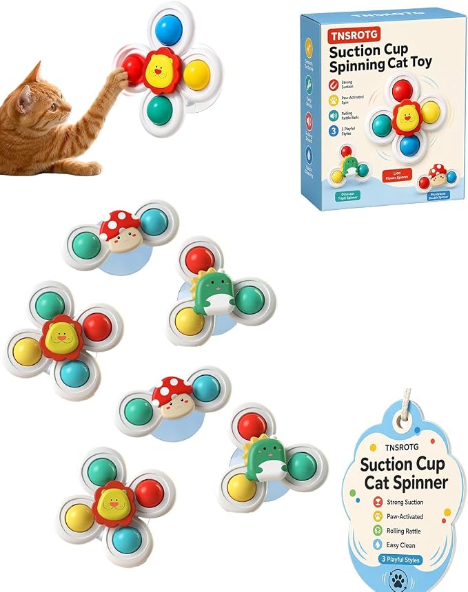 Cat Suction Cup Spinner Toy Colorful Balls Paw Activated Motion Indoor | Pets Window Perch Playmate Glass Mount 3 Designs Compact ABS Build Wipe Clean Surface Strong Grip(2sets)