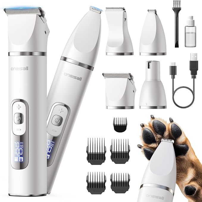 oneisall 4 in 1 Dog Grooming Kit with LCD Display (White) | Paw Hair Trimmer & Nail Grinder, Rechargeable, Cordless, Low Noise, IPX7 Waterproof, 3 Speeds Pet Grooming Clippers