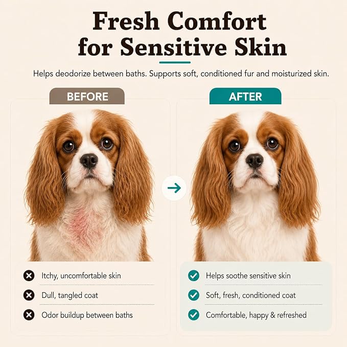 Natural Dog Company Sensitive Skin Dog Deodorizing Spray: Ideal with Sensitive Skin Dog Shampoo, Long Lasting Dog Perfume, Dog Spray Deodorizer, Neutral Scented Dog Spray with hints of Lavender, 8 oz