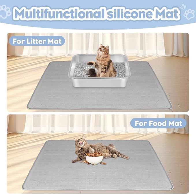 Silicone Cat Litter Mat for Litter Box 40”x28” Large Cat Mat, Light Grey | Waterproof, Non-Slip, Leak-Proof Rug Mat with Lip, Easy to Clean, Extra Large Litter Catcher Mat for Floor
