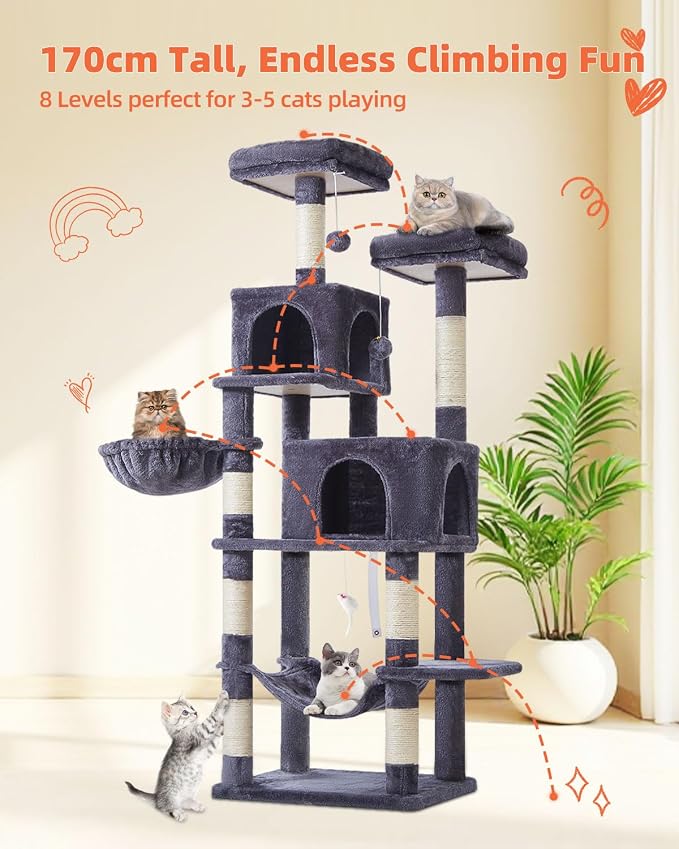 Taoqimiao Cat Tree, 67 in Tall Cat Tower with 2 Plush Cat Condos | 7 Scratching Posts, 2 Top Perches, Cozy Hammock & Basket, Indoor Cats, 2 Pompoms & Mouse Toy, Smoky Gray, MS013G