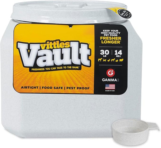 Vittles Vault Traditional Pet Food Storage Container For Dog Kibbles/Bird Seed/Oatmeal/Rice/Flour/Cereal, BPA Free Plastic, Sealed Airtight For Cat Food, Up To 30 lb, Made in USA, With Scoop, Gray
