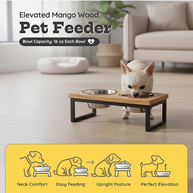 Elevated Dog Bowls, 4” Small Dogs & Cats Raised Bowl Mango Wood Stand, Food & Water 2 Stainless Steel Dishes Each 16oz/2Cup Capacity, Non-Slip Pet Feeder Station in Brown for Toy Breeds
