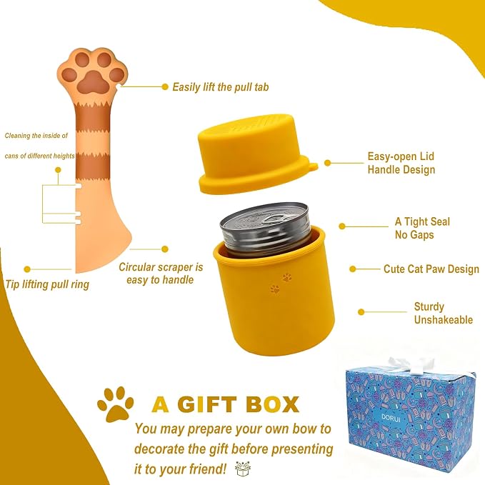 Original Canned Dog Food Storage Container & One Can Spoon | Silicone Can Cover Pet Food Sealer & Cute Paw Shape Opener Spatula | BPA Free, Airtight, Dishwasher & Freezer Safe (Orange+Pink)