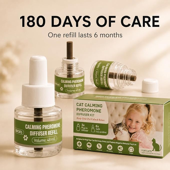 9-Pack Cat Calming Pheromone Diffuser Kit, 3 Diffusers & 6×48mL Refills | 180-Day Long Lasting Calming Supply, Suitable For Household Indoor Multi-Cat Living Environments