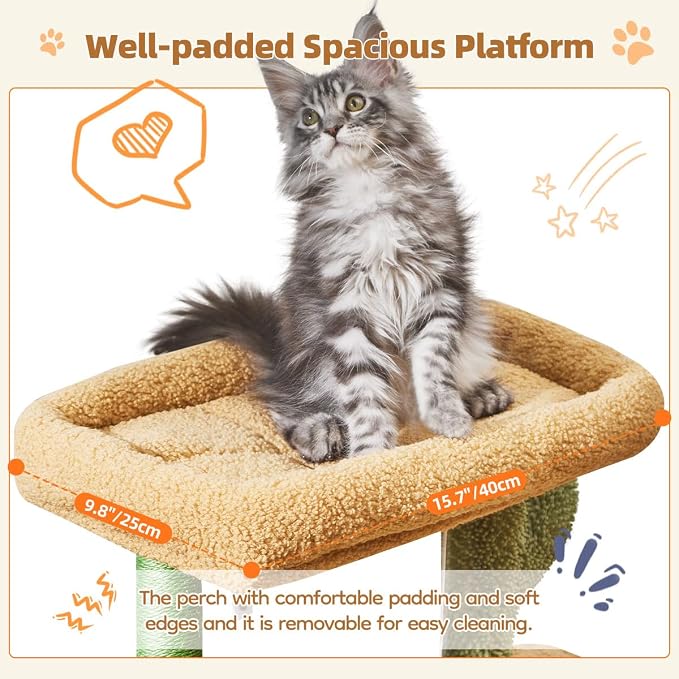 Taoqimiao Cactus, Cat Tree, 38.5In Cat Tower for Indoor Cats, for Kittens | Thick Padded Top Perch, Luxurious Cat Condo, Adjustable Basket, 1-Piece Ramp Scratcher, 3 Natural Sisal Posts, MS029ST