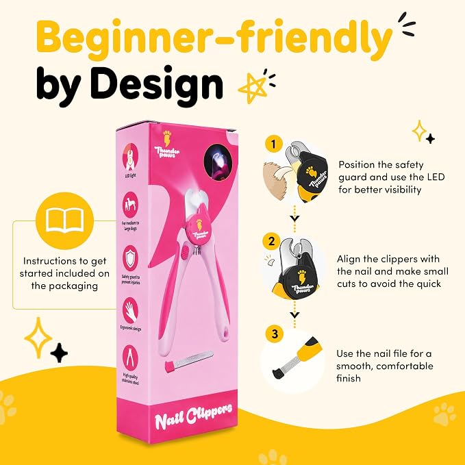 LED Dog Nail Clippers with Light Illumination, Trimmers with Protective Guard, Safety Lock and Nail File - Suitable for Large and Small Dogs & Cats (Pink)