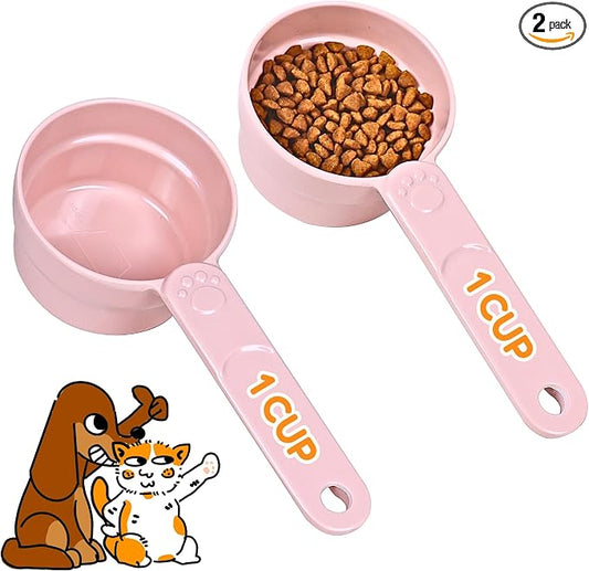1 Cup Dog Food Scoop, Extra Long Handle Sturdy Melamine Pet Food Measuring Scoop with Clear Marking Lines, BPA-Free, Shatterproof, Dishwasher Safe (Pink*2, 1 Cup)