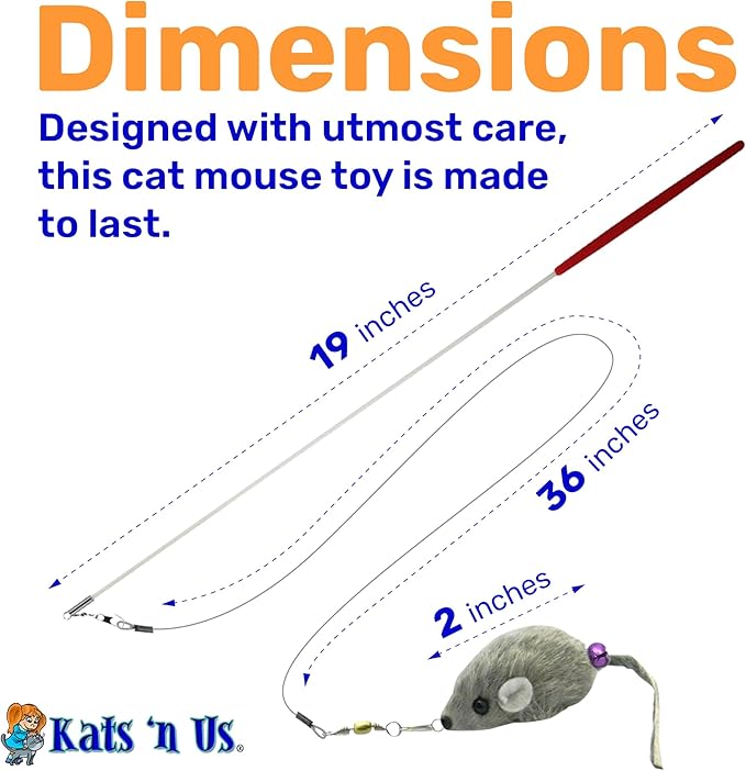 Kats’N US 2 Inch Real Rabbit Fur Handmade Gray Mouse Cat Toy on Wand