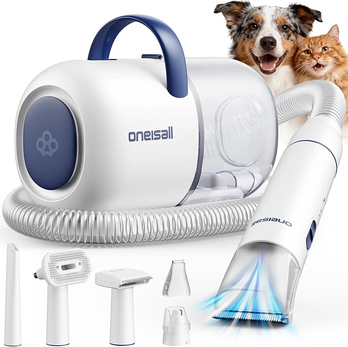 oneisall Dog Grooming Vacuum Kit with 6 Tools | Powerful 15000Pa Suction, Clippers, Trimmer & Nail Grinder ≤59dB, 2L Large Canister, Easy to Clean & Empty