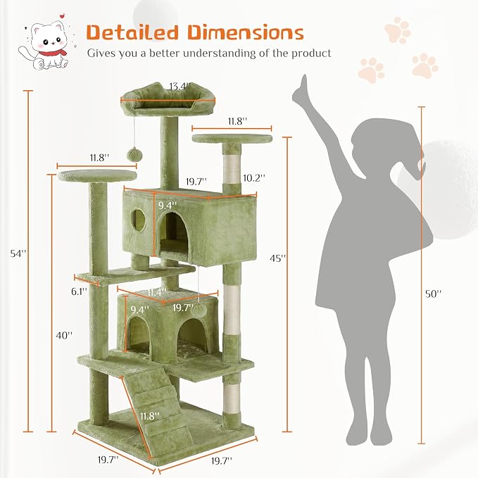 DUMOS 54 Inch Cat Tree Tower with Scratching Posts, Indoor Use | Multi-Level Pet House for Large Cats with 2 Condos, Round Platform, Small Ladder and Toys, Green
