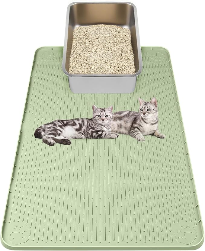 Kalolary Cat Litter Box Mats, Large 34" x 22" Silicone Cat Mat | Easy to Clean Kitty Litter Trapping Mat, Soft on Kitty Paws, Waterproof, Urine-Proof Kittys Litter Mats for Floor, Green
