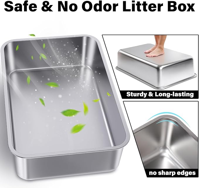 Stainless Steel Litter Box 2 Pack, 23.6" X 15.7" X 6" Steel Litter Box XL No Smell, Extra Large Metal Litterbox for Big Cat, Multiple Cats, Non Stick, Easy Cleaning