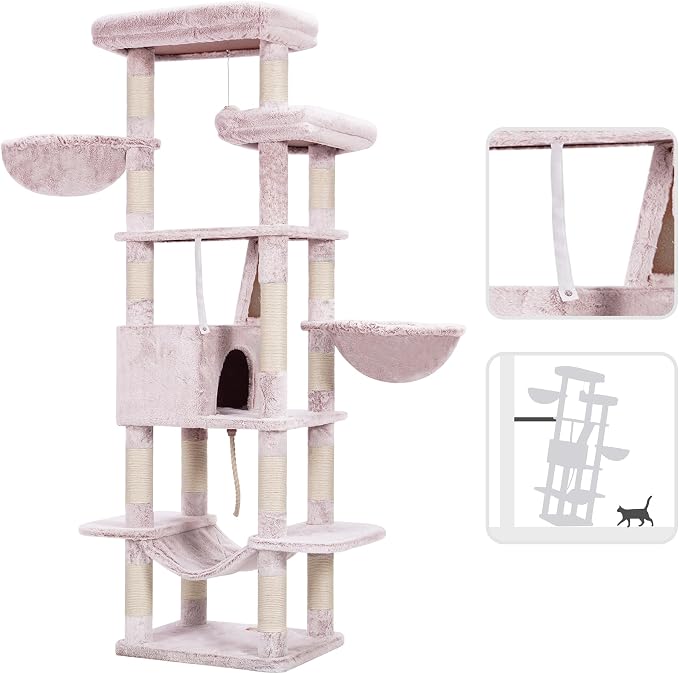Heybly Cat Tree, 68 inch Multi-Level Cat Tower for Indoor Cats HCT025MU | Cat Condo with 2 Widened Plush Perches, 2 Cozy Baskets, Scratching Board and Big Caves, Rosy Brown