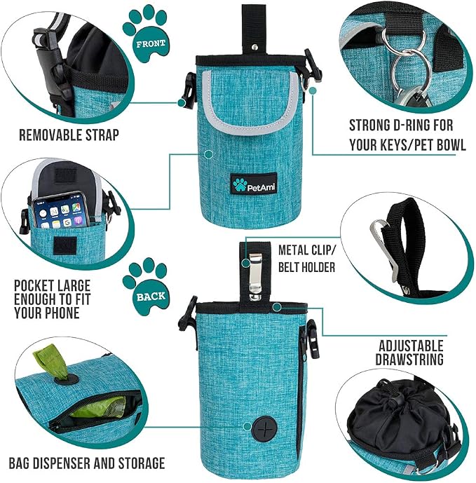 PetAmi Dog Treat Pouch, Large Hands-Free Training Bag, Teal Sea Blue | Built-In Poop Bag Dispenser, Holds 3 Cups Of Treats, 4 Ways to Wear, D-Ring, Reflective Strap, Dog Treat Bag for Walking