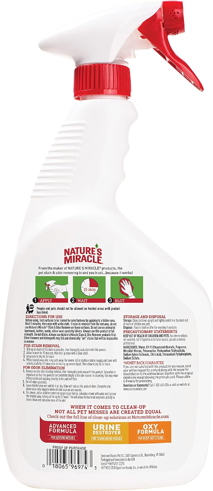 Nature's Miracle Cat Stain and Odor Remover With New Odor Control Formula 32 Ounce Spray | Tough on Cat Urine, Feces, Vomit, Drool and Other Organic Stains and Odors, For Multiple Surfaces, Fresh Scent