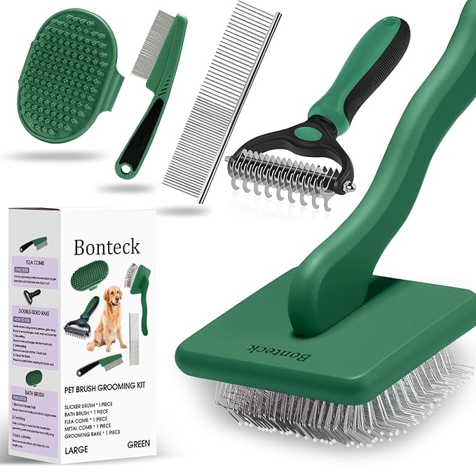 Bonteck Dog Slicker Brush for Dogs Grooming Kit 5PCS | Large Dog Brush for Goldendoodles Poodles Doodles | Long Pin Haired Brush | Poodle Brushes and Comb (Green)