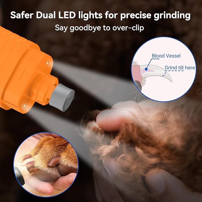 PAPIFFEED Dog Nail Grinder with LCD Display – Quiet Electric Nail Trimmer with Dual LED Light, Safe for Black & Thick Nails, Rechargeable for Small Medium Large Dogs & Cats (Orange)
