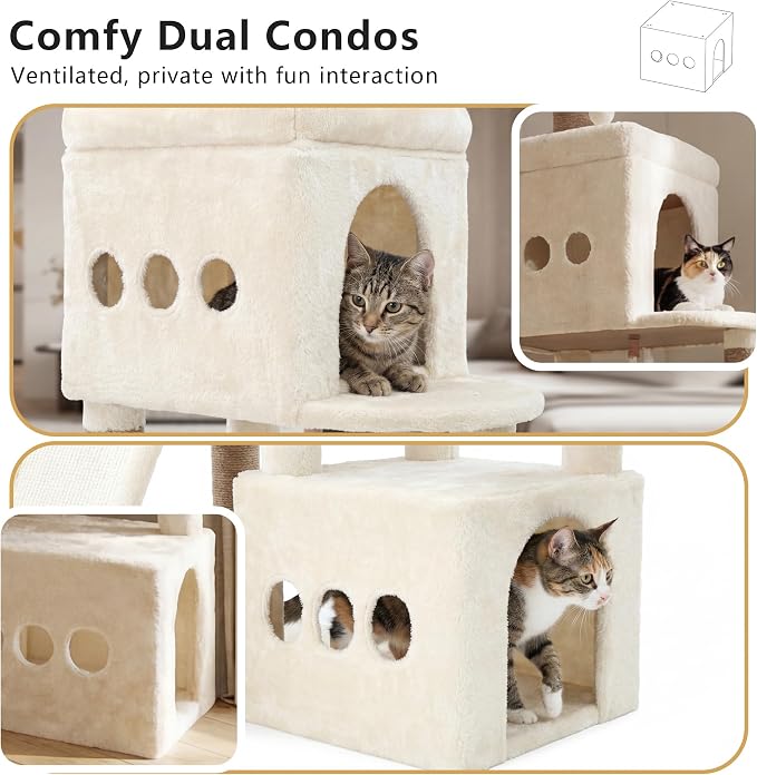 Heybly Cat Tree 72.4-Inch Anti-Tip Cat Tower with Spacious Perches HCT060MJ | All-in-One Cat Furniture for Large Cats, Multiple Interactive Areas, Extra-Large Sisal Scratching Board, Beige