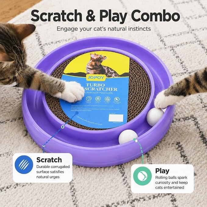 Cat Scratcher Toy Ball Track, Purple | Round Interactive Scratching Board, Exercise Set, For Indoor Cats, Mental & Physical Stimulation, For Bored Adult and Kitten