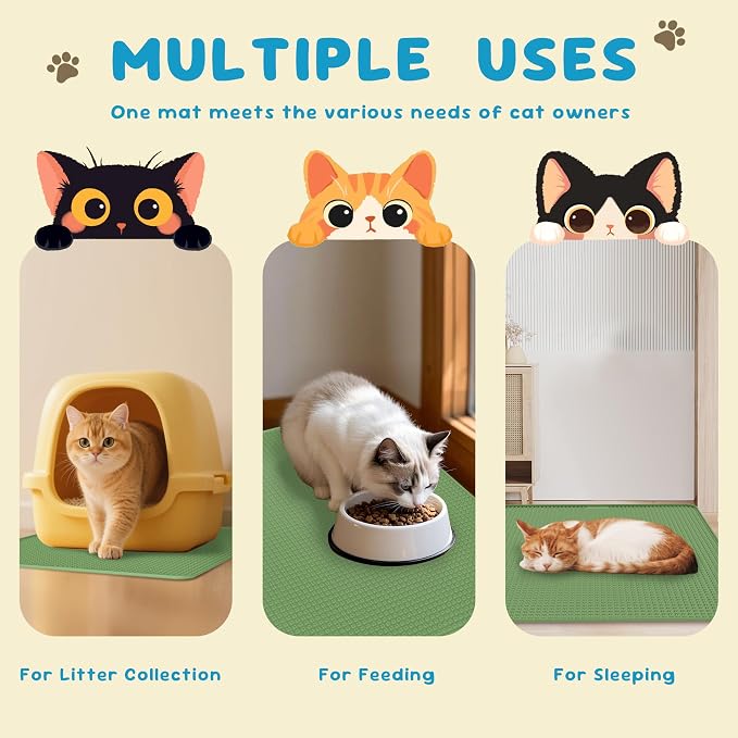 Cat Litter Mat, Silicone Litter Trapping Mat - Removal/Waterproof/Urine Proof, Cat Massage Mat (24" X 18"), Litter Box Mat - Keep the Floor Clean Green