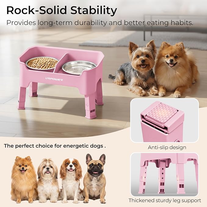 URPOWER Mess Proof Elevated Dog Bowls 4 Height Adjustable Raised Bowl Stand with 2 Stainless Steel Dog Bowls Non-Slip Food and Water Bowl Set for Small Dogs, Pink