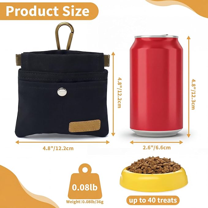 Dog Treat Pouch for Pet Training, Carabiner & Magnetic Buckle, Black | Hand Free Dog Training Treat Bag, Auto Closing Dog Walking Bag for Puppy Travel or Outdoor Use, Pet Feed Snack Reward Pocket