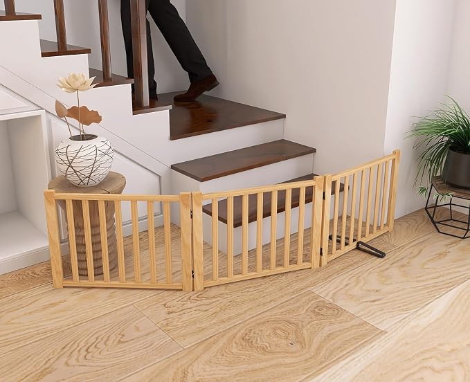 YOCAN Non-Painted Wooden Freestanding Dog Gates for The House,Doorways, Stairs,Wood Dog Fences Indoor Pet Gate,Step Over Fence-3 Panels L:69" H:16.9"